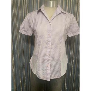 X-teen’s Shirt Women Sz M Purple Button Up Short Cap Sleeve Pin Stripe Nice Cut
